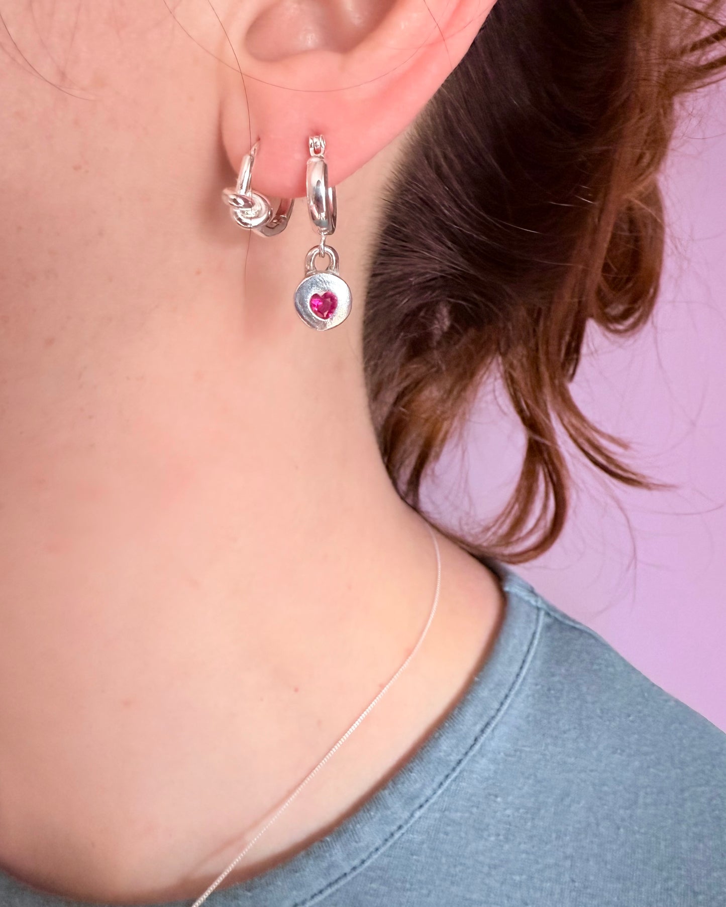 (Made to order) Jammie Heart Hoops - Silver ruby heart earrings