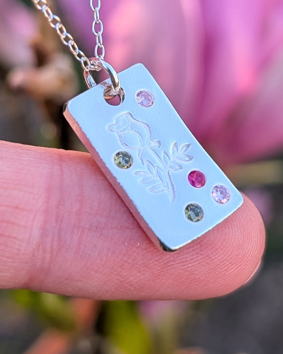 (Made to order) Birth Flower Pendant - Solid Silver With 24k Accent Gold And Cubic Zirconia Gemstones
