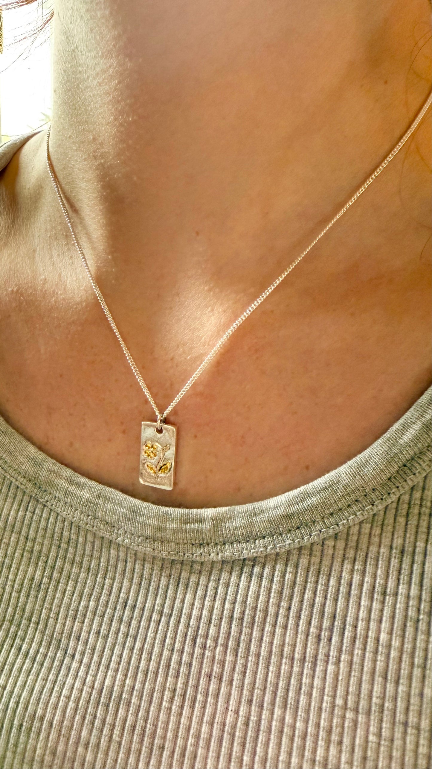 (Made to order) Birth Flower Pendant - Solid Silver With 24k Accent Gold And Cubic Zirconia Gemstones