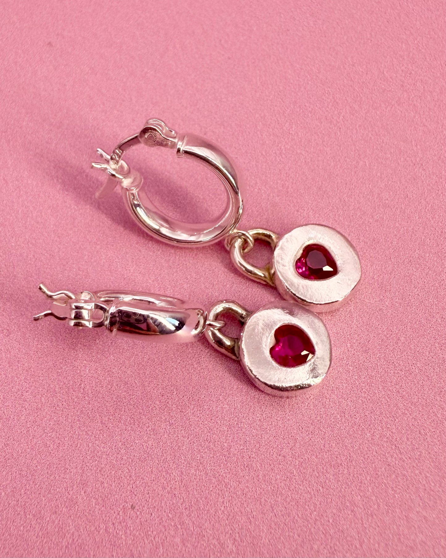 (Made to order) Jammie Heart Hoops - Silver ruby heart earrings