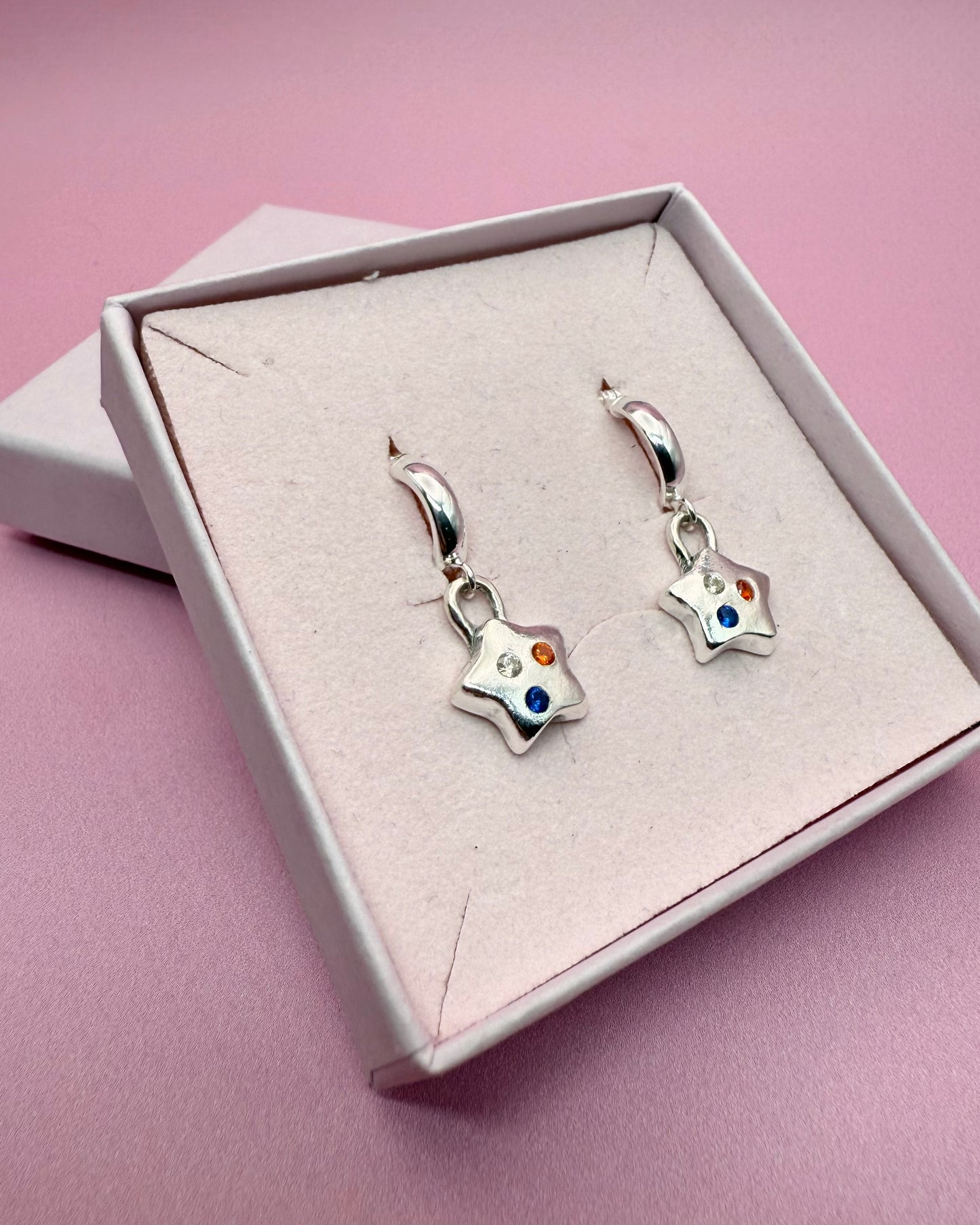 (Made to order) Confetti Star Hoops - Solid silver with confetti-style cubic zirconia