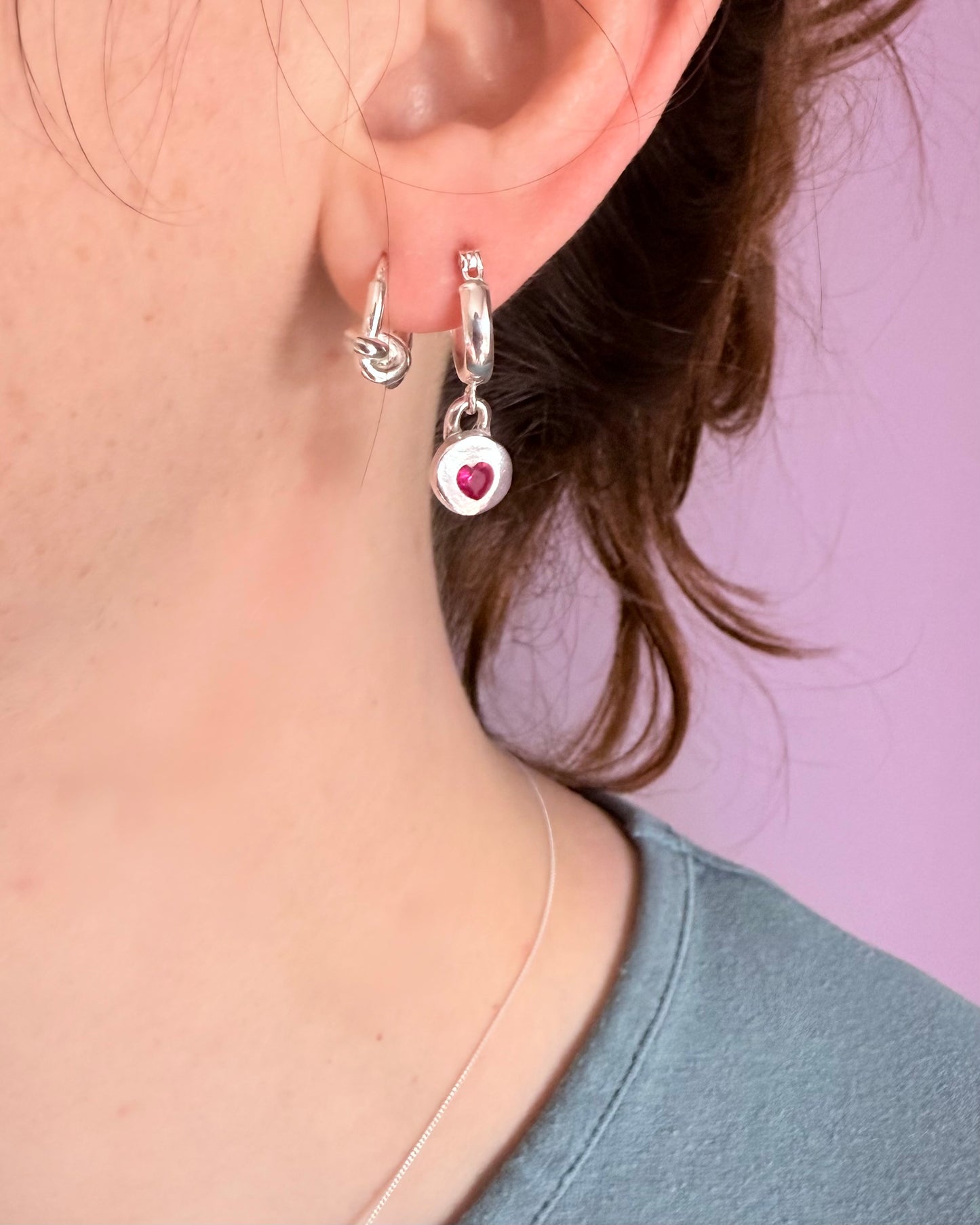 (Made to order) Jammie Heart Hoops - Silver ruby heart earrings
