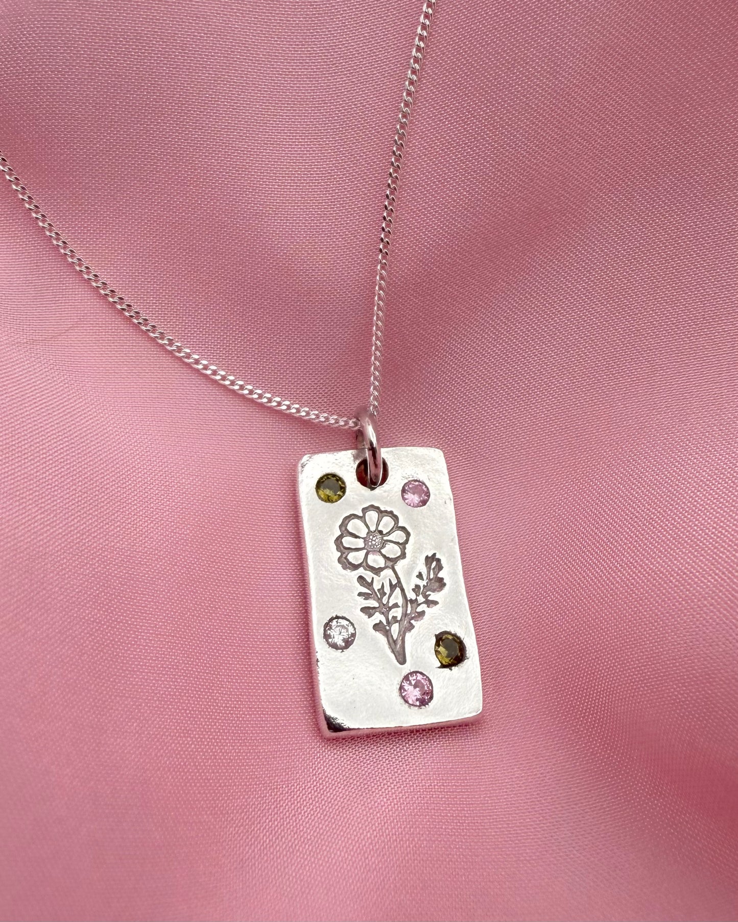 (Made to order) Birth Flower Pendant - Solid Silver with Cubic Zirconia Gemstones