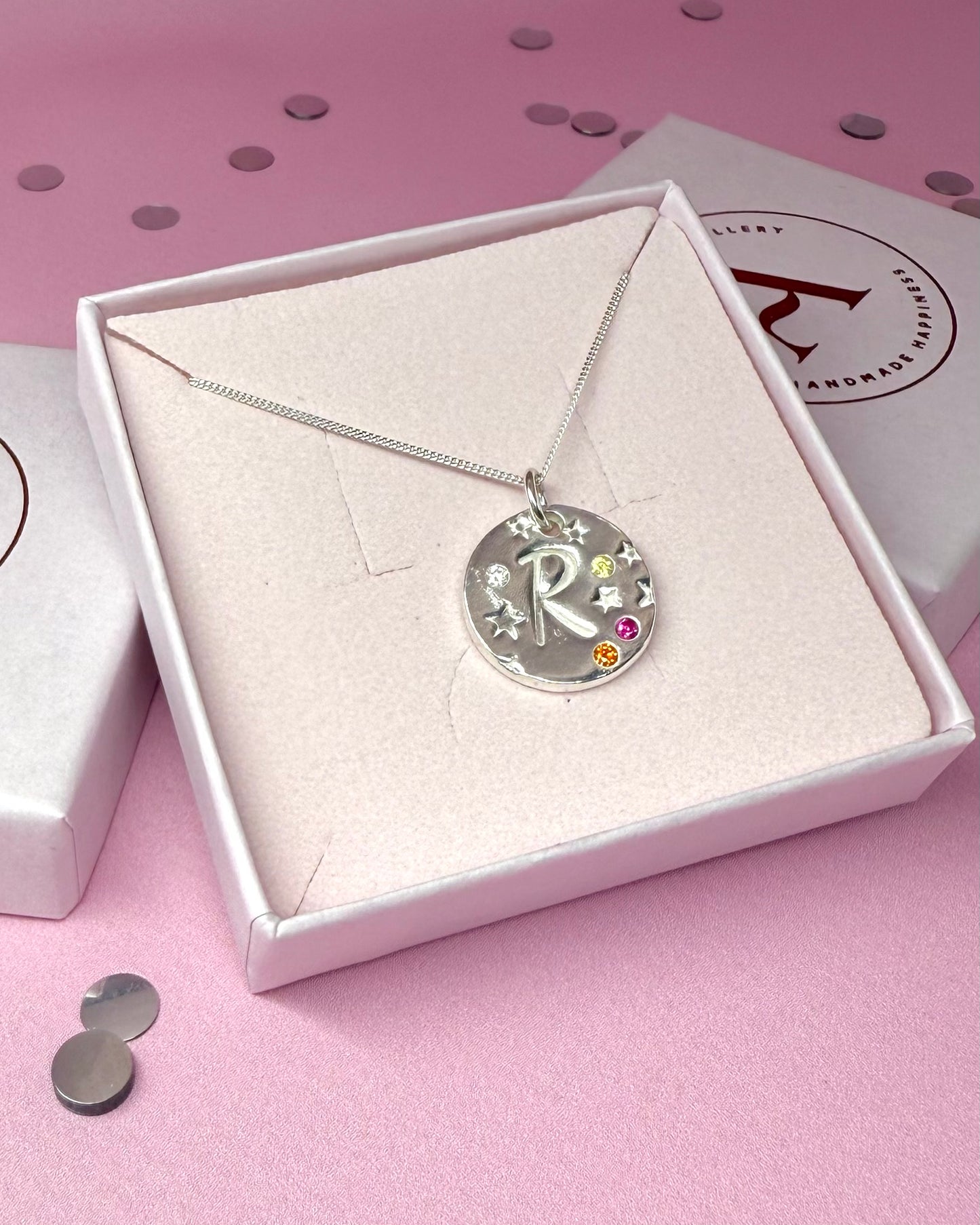 (Made to order) Seren Initial Pendant - Solid Fine Silver with Cubic Zirconia Gemstones