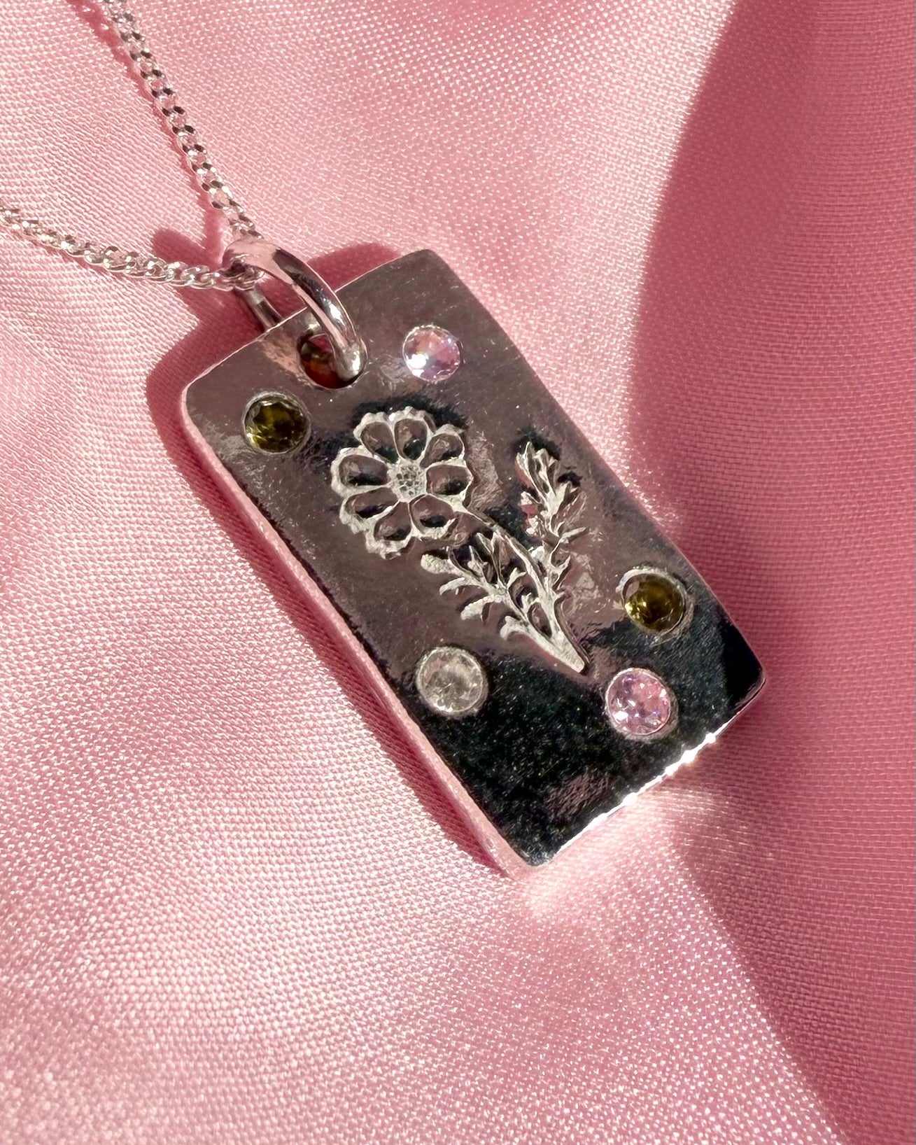 (Made to order) Birth Flower Pendant - Solid Silver with Cubic Zirconia Gemstones
