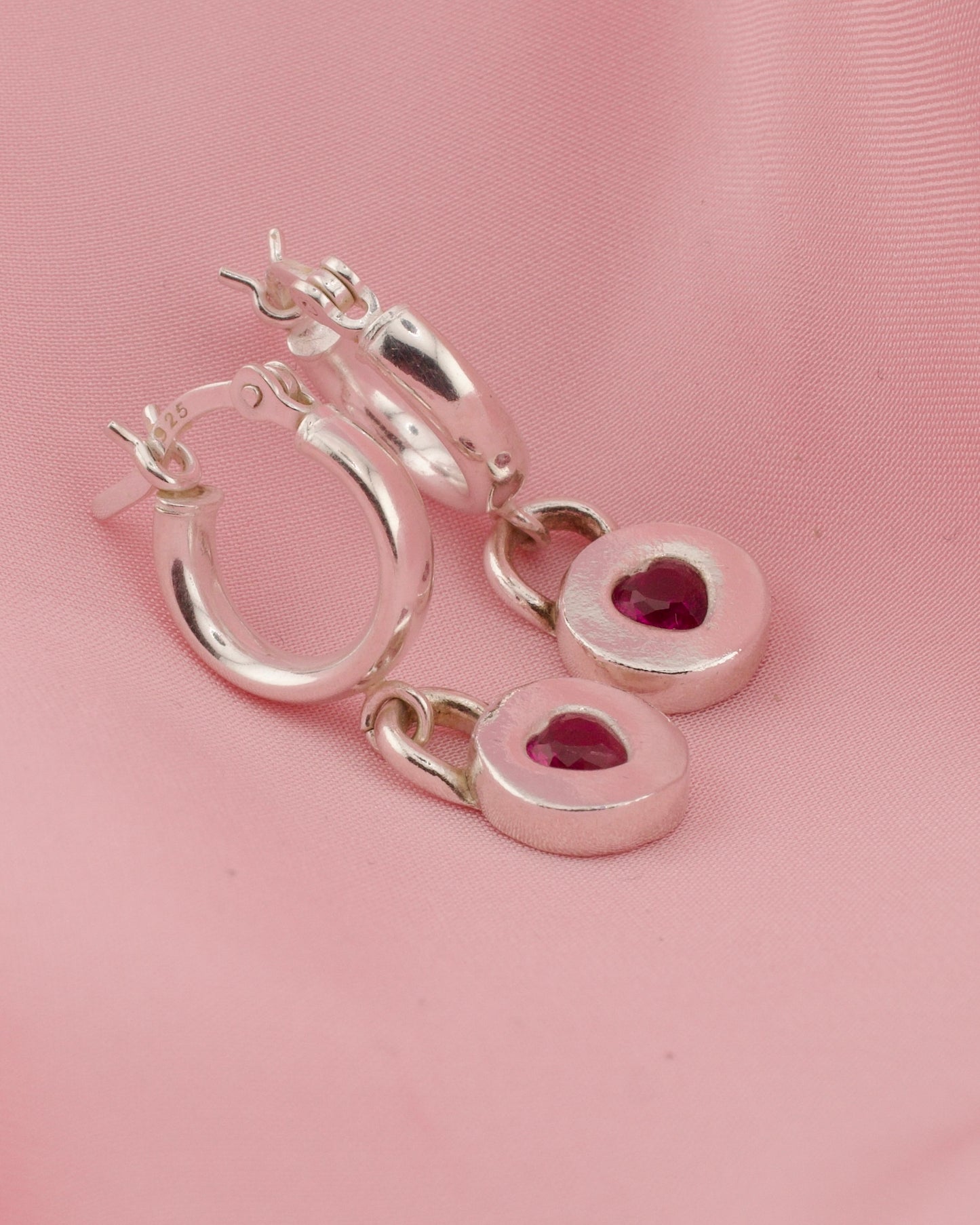 (Made to order) Jammie Heart Huggie Hoop Earrings - Silver With Ruby Gemstone