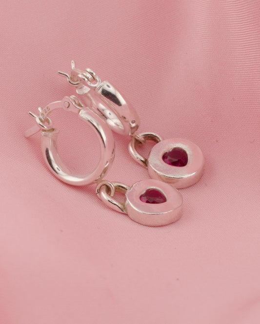 (Made to order) Jammie Heart Huggie Hoop Earrings - Silver With Ruby Gemstone