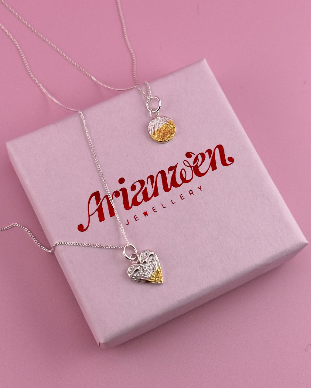 Calon Celtaidd - Mixed Metal Celtic Knot Heart Necklace - Solid Fine Silver With 24k Gold