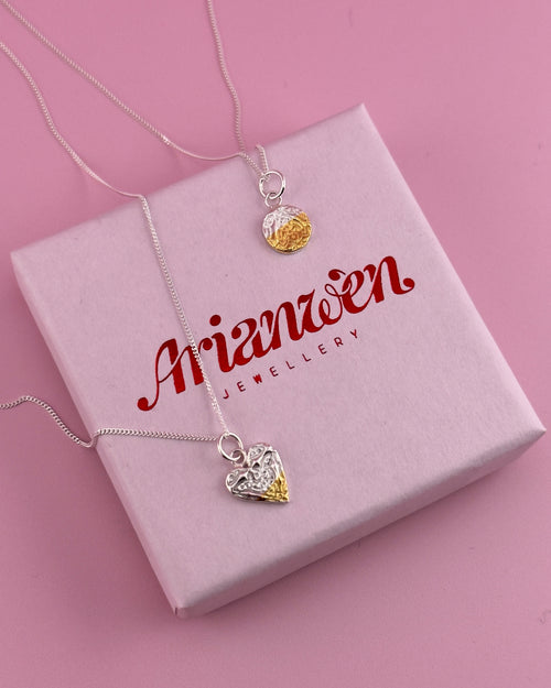 Calon Celtaidd - Mixed Metal Celtic Knot Heart Necklace - Solid Fine Silver With 24k Gold