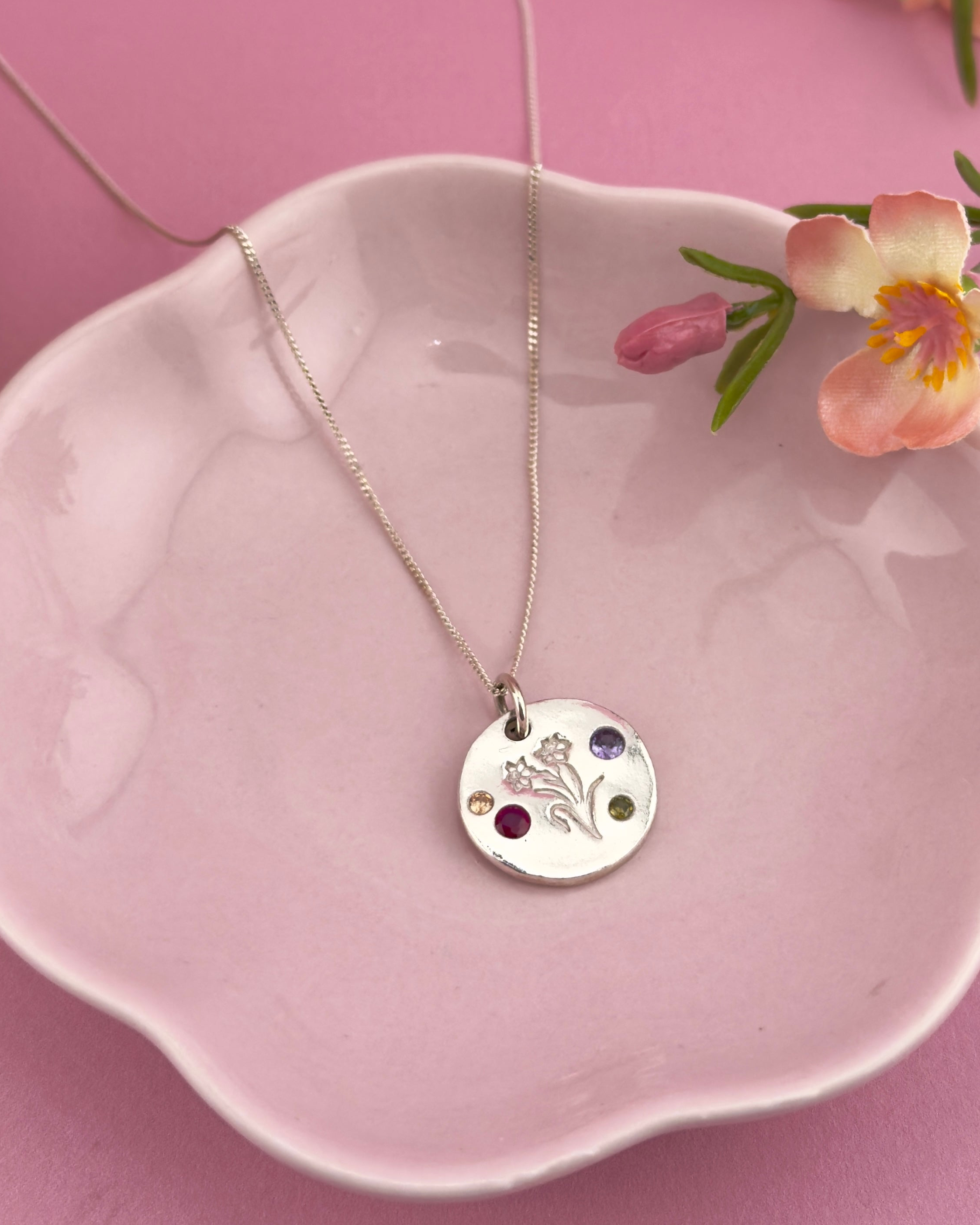 Personalised Welsh Daffodil Necklace - Solid Fine Silver With Cubic Zirconia
