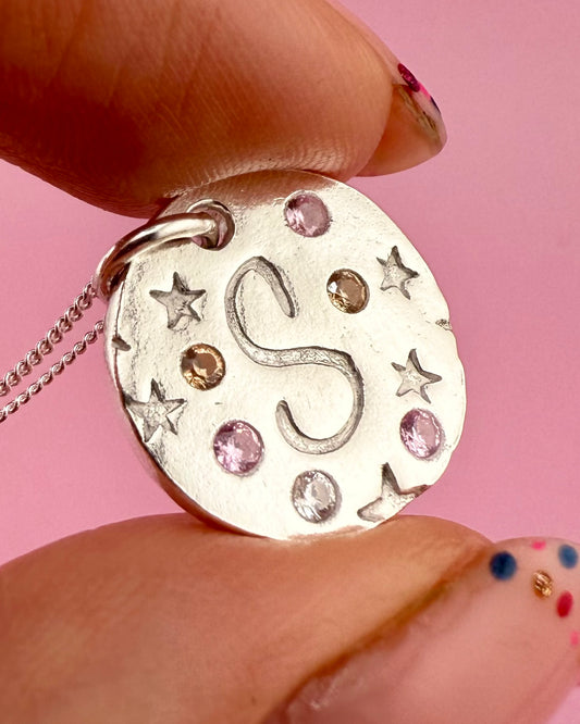 (Made to order) Seren Initial Pendant - Solid Fine Silver with Cubic Zirconia Gemstones