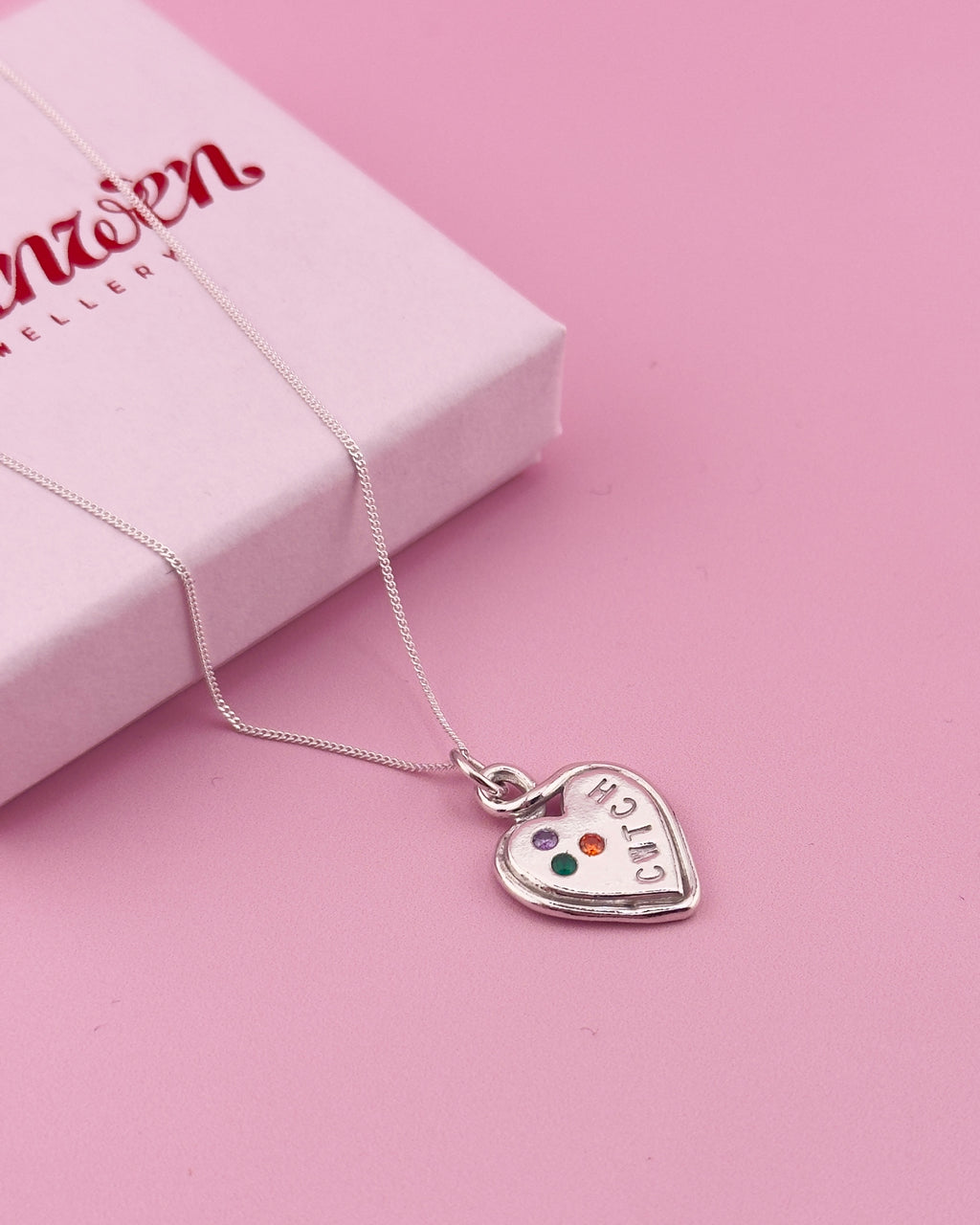 Personalised Heart Loop Necklace - Solid Fine Silver With Cubic Zirconia