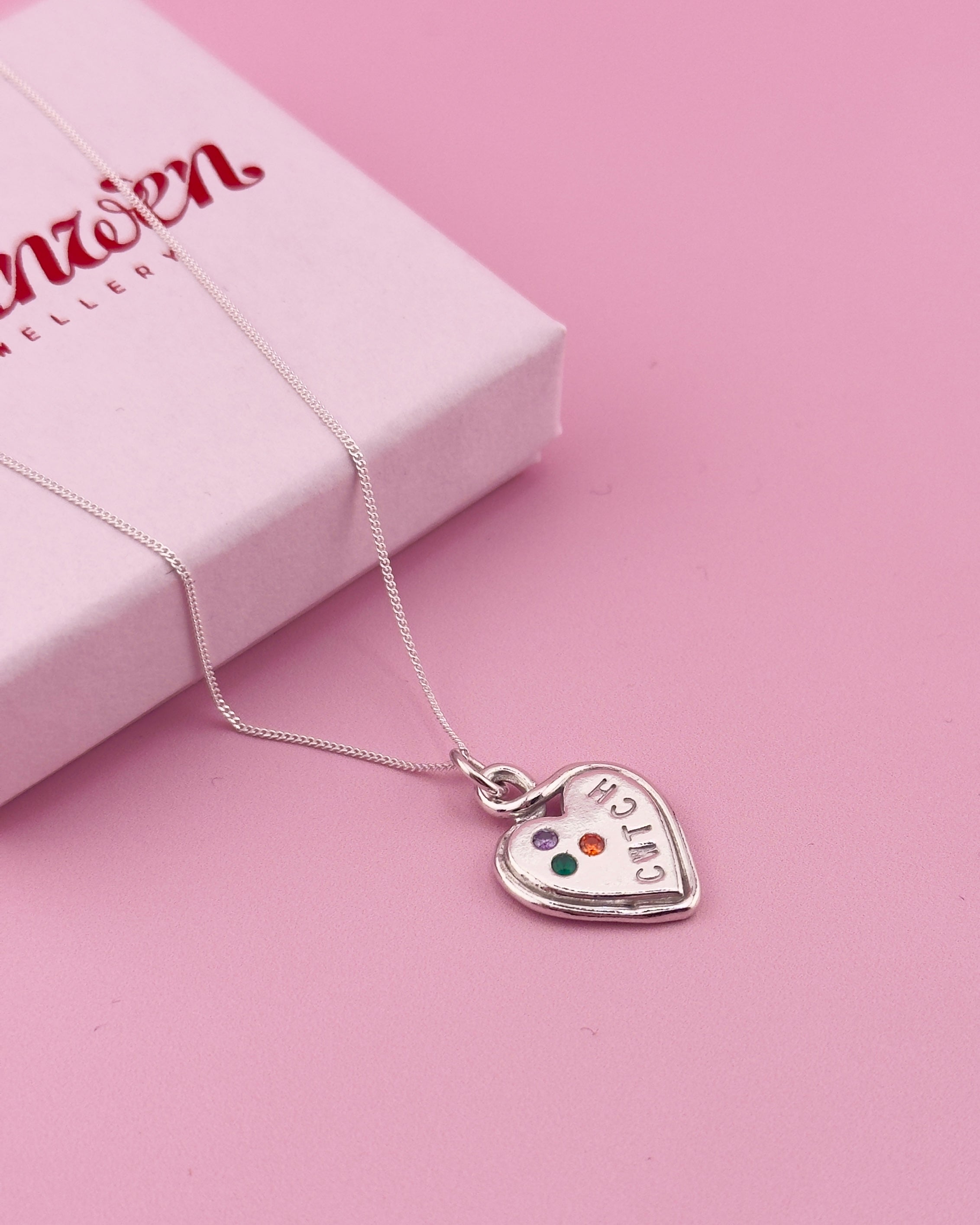 Personalised Heart Loop Necklace - Solid Fine Silver With Cubic Zirconia