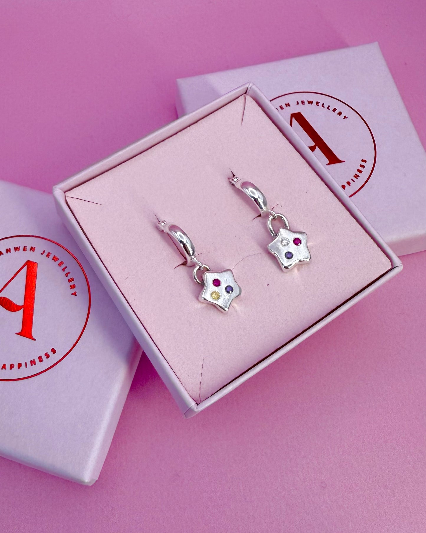 (Made to order) Confetti Star Hoops - Solid silver with confetti-style cubic zirconia