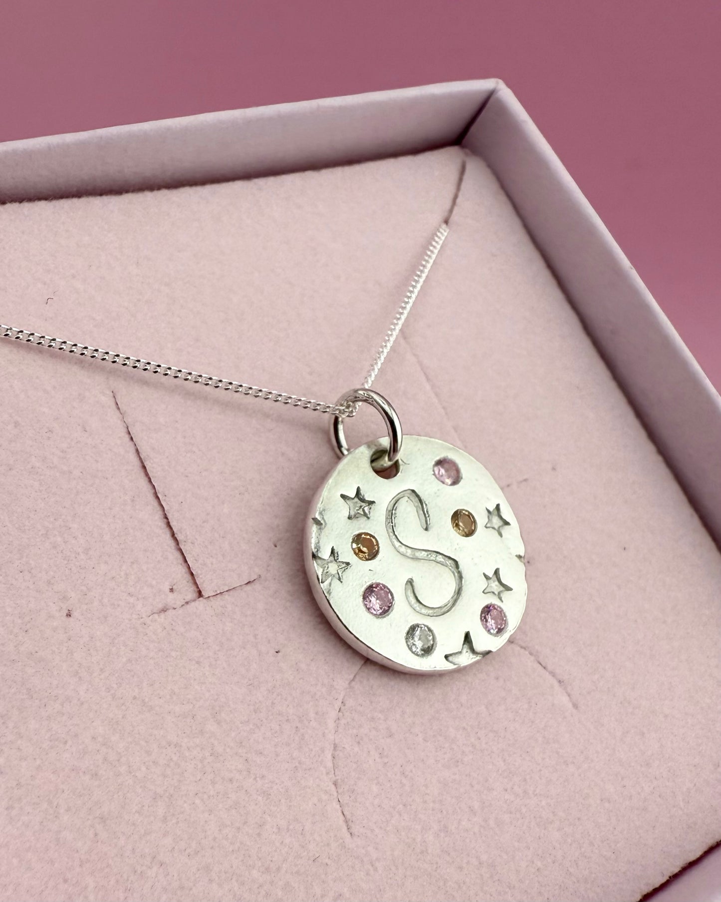 (Made to order) Seren Initial Necklace - Solid Fine Silver with Cubic Zirconia Gemstones