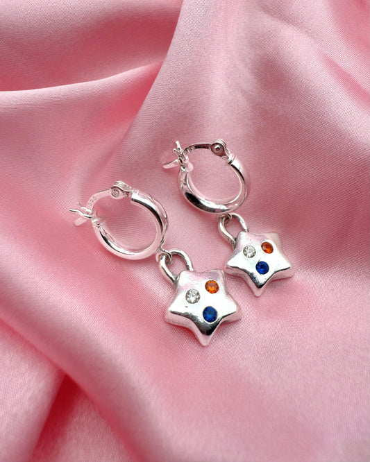(Made to order) Confetti Star Hoops - Solid silver with confetti-style cubic zirconia