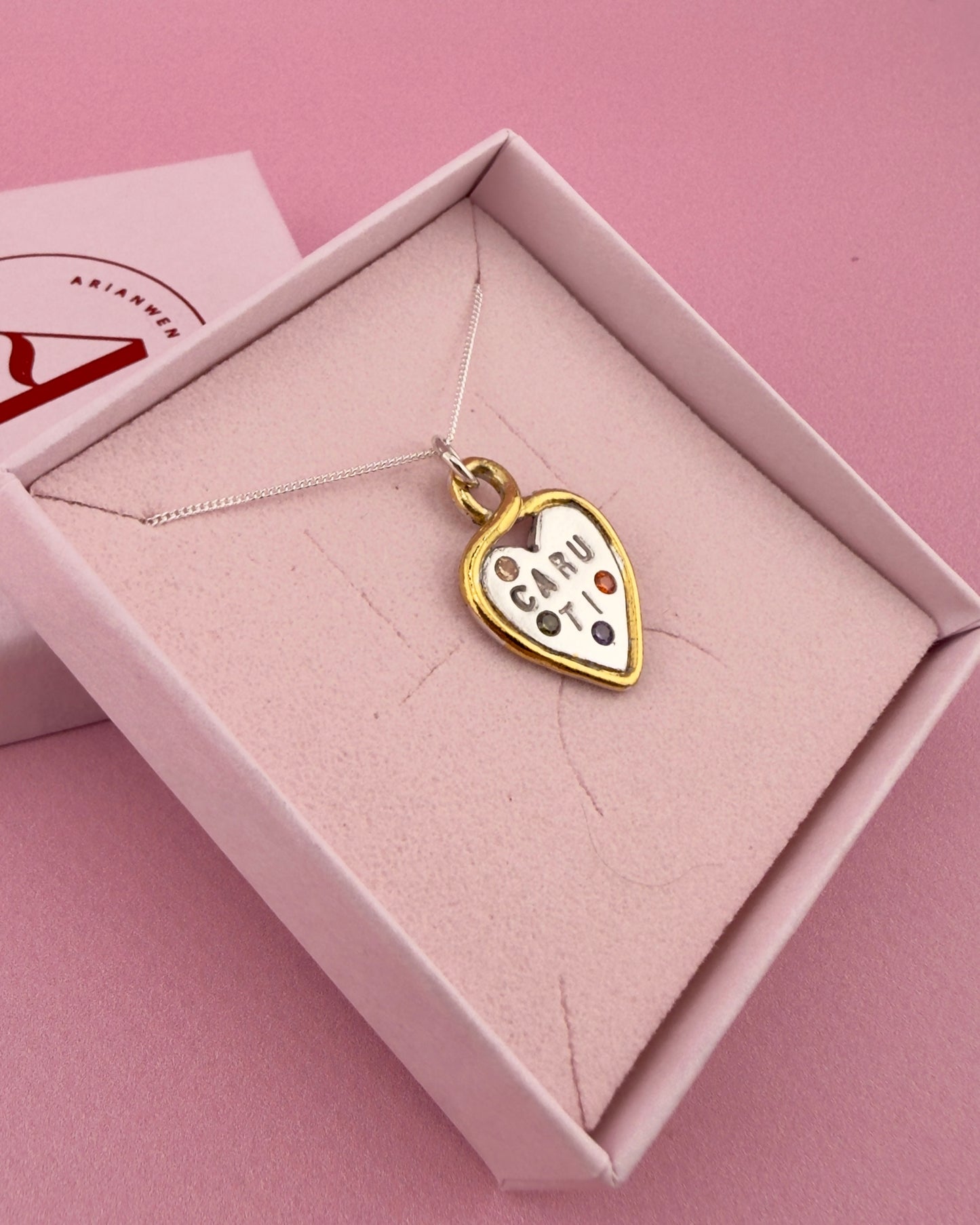 (Made to order) Mixed Metal Heart Loop Necklace - Solid Silver with Cubic Zirconia