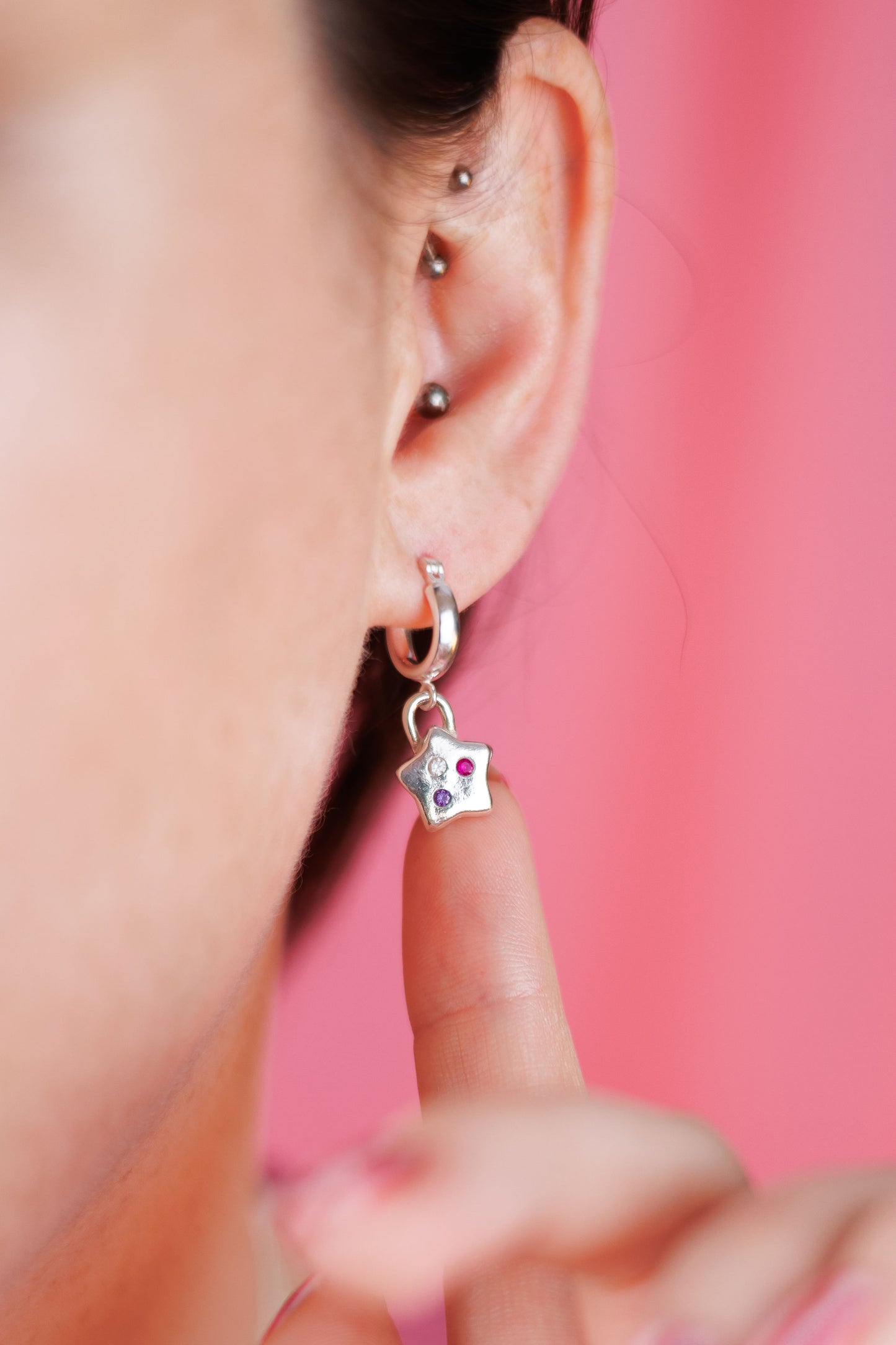 (Made to order) Confetti Star Huggie Hoop Earrings - Silver With Confetti-Style Gemstones