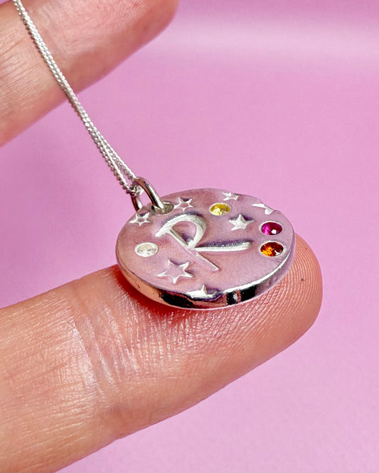 (Made to order) Seren Initial Pendant - Solid Fine Silver with Cubic Zirconia Gemstones