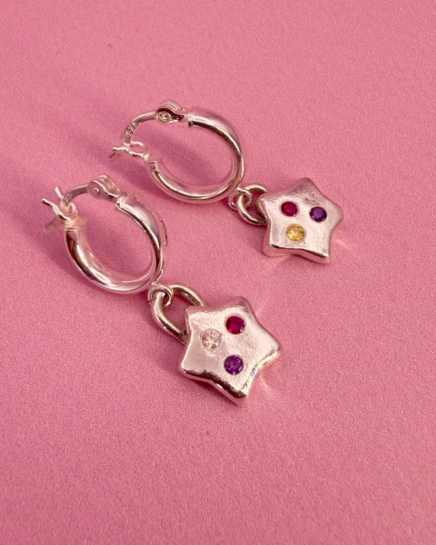(Made to order) Confetti Star Hoops - Solid silver with confetti-style cubic zirconia