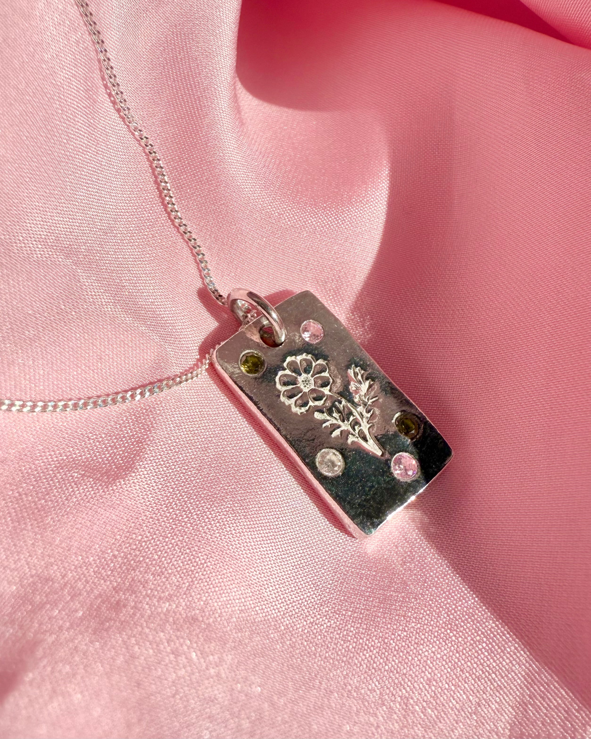 Personalised Birth Flower Necklace - Solid Fine Silver with Cubic Zirconia