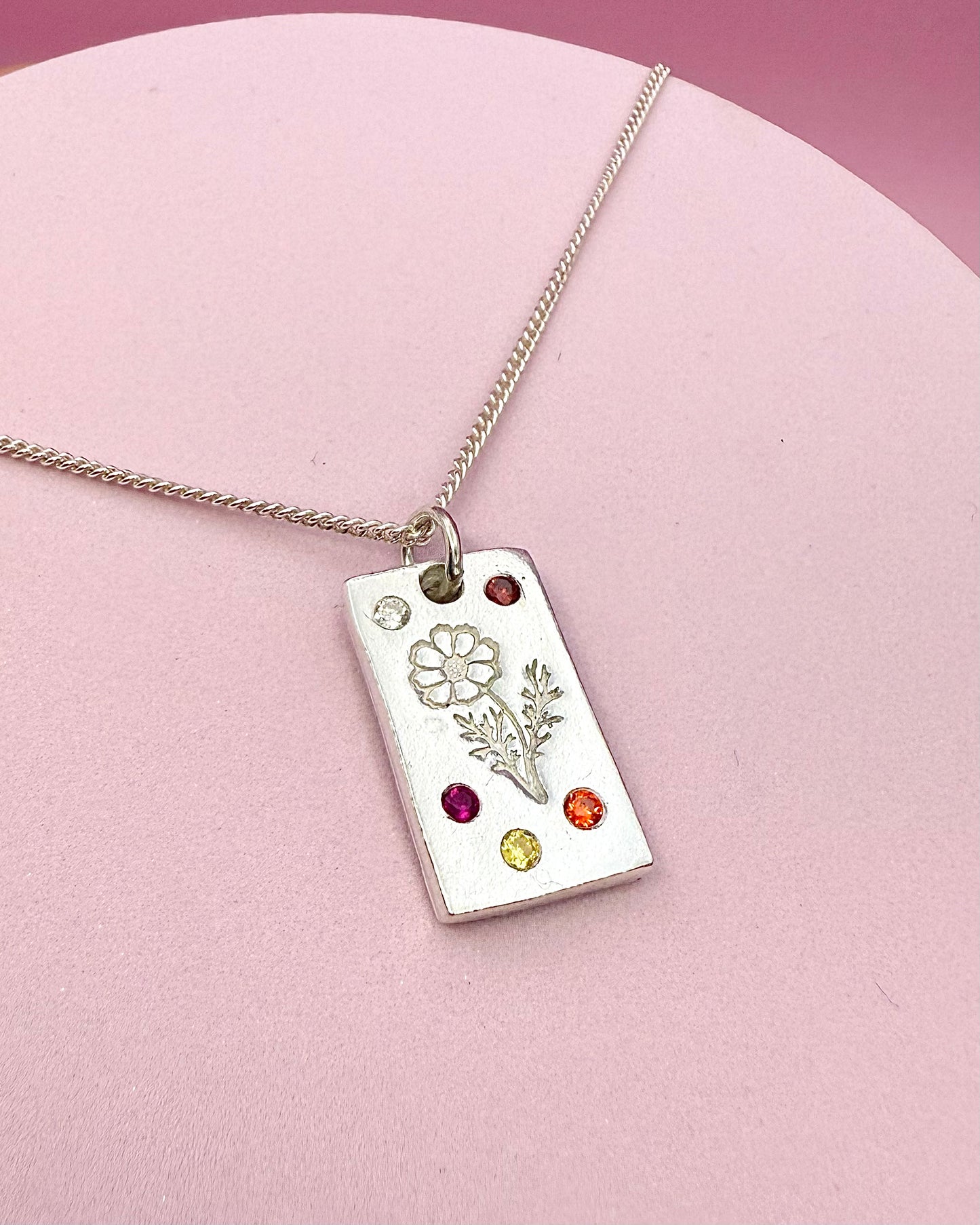 (Made to order) Birth Flower Necklace - Solid Silver with Cubic Zirconia Gemstones