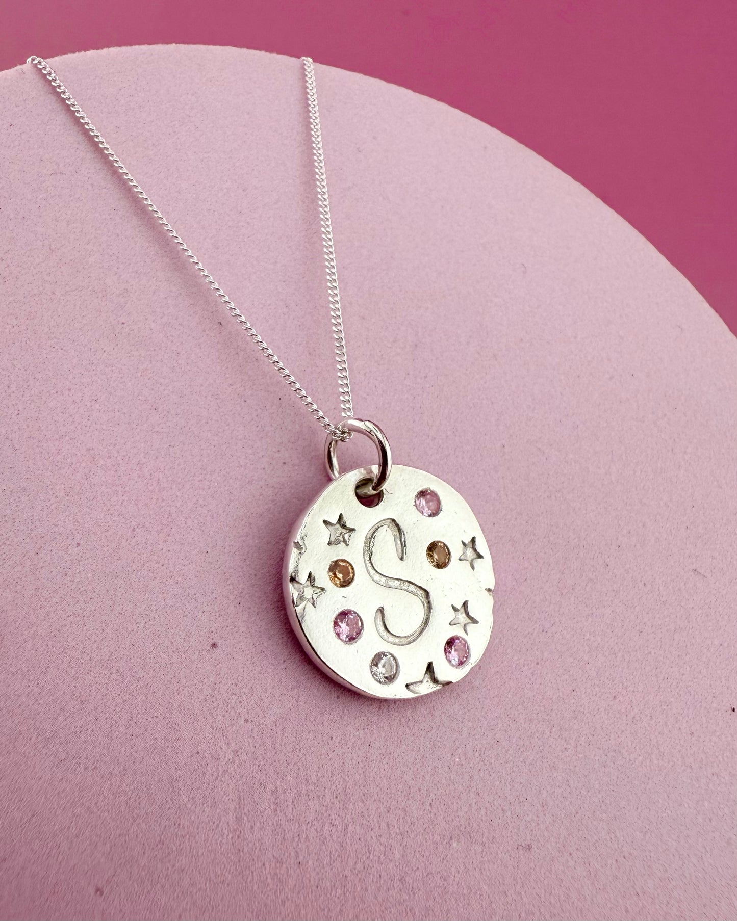 (Made to order) Seren Initial Necklace - Solid Fine Silver with Cubic Zirconia Gemstones