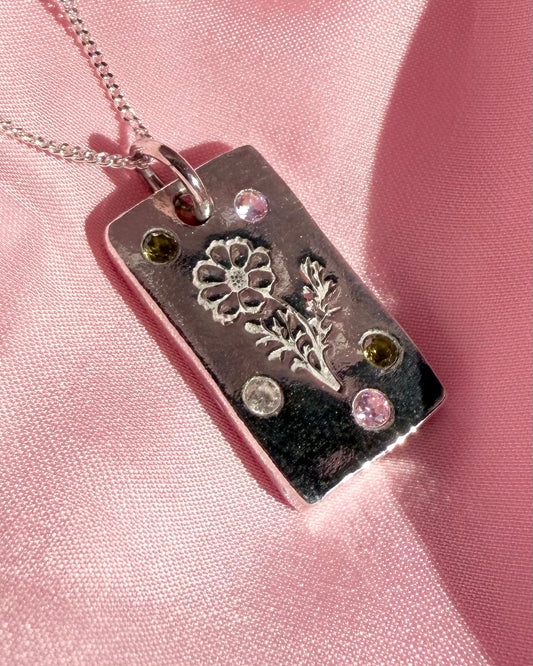 (Made to order) Birth Flower Pendant - Solid Silver with Cubic Zirconia Gemstones