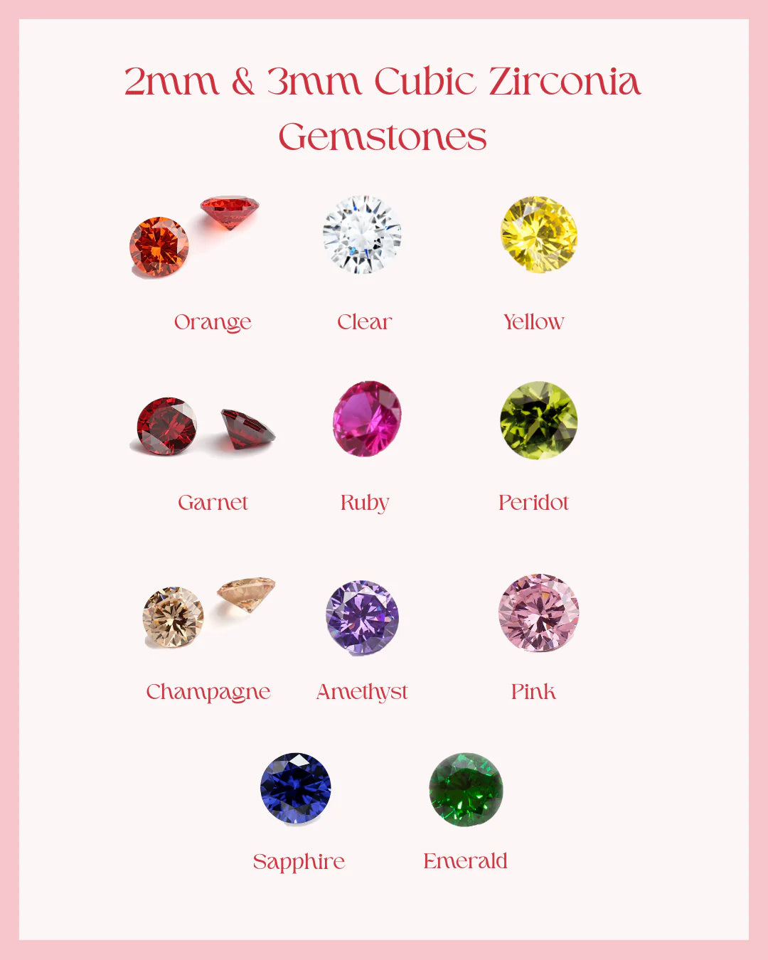 Collection of 2mm and 3mm cubic zirconia gemstones with color labels on a pink background.