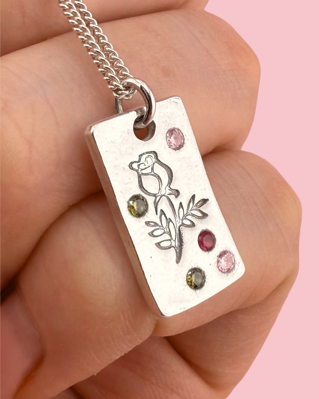 Personalised Birth Flower Necklace - Solid Fine Silver with Cubic Zirconia