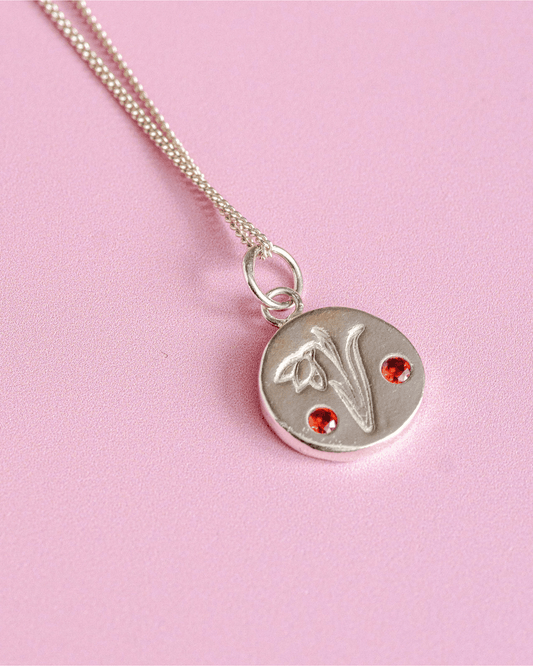Mini Birth Flower Silver Necklace with garnet gemstones