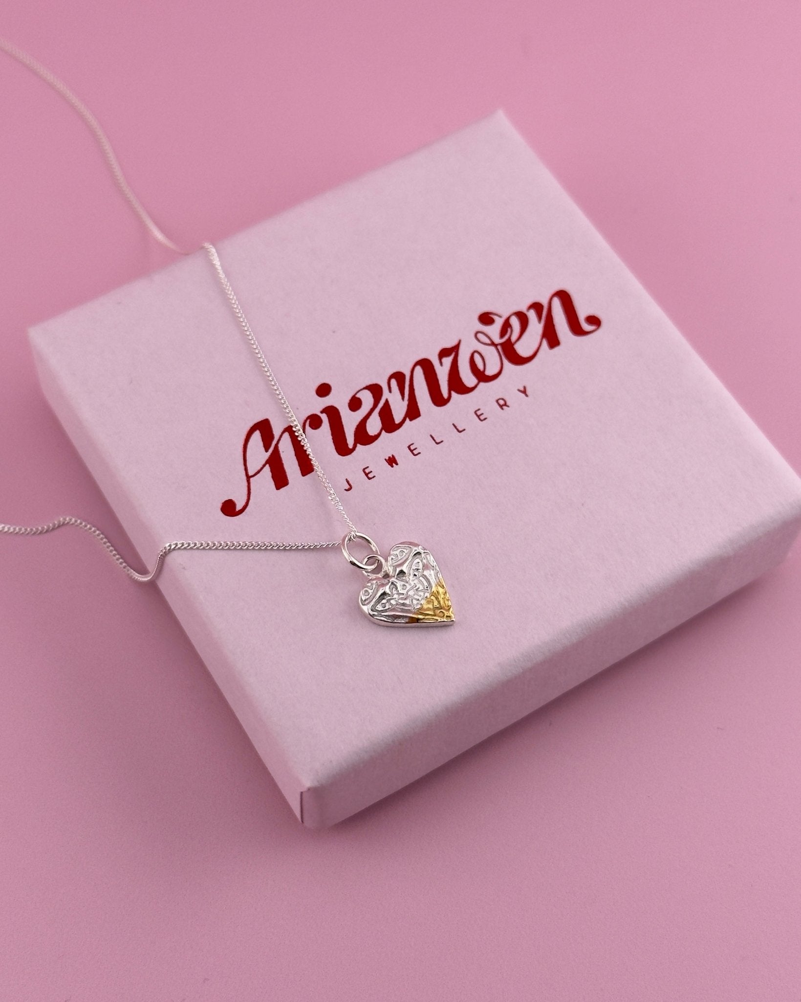 Calon Celtaidd - Mixed Metal Celtic Knot Heart Necklace - Solid Fine Silver With 24k Gold - Arianwen Jewellery