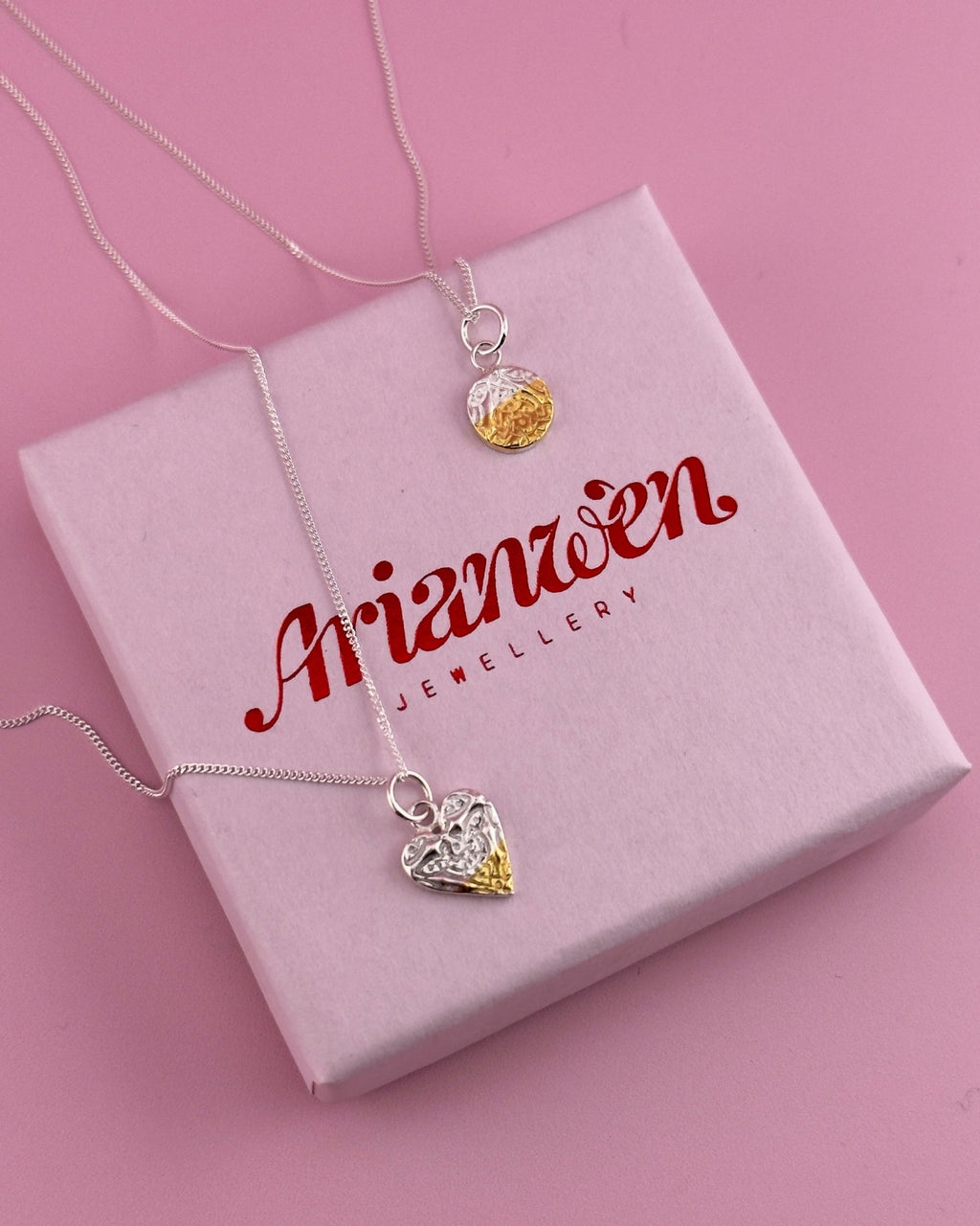 Calon Celtaidd - Mixed Metal Celtic Knot Heart Necklace - Solid Fine Silver With 24k Gold - Arianwen Jewellery