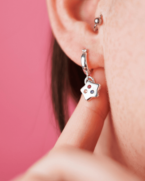Confetti Star Huggie Hoop Earrings - Solid Fine Silver - Arianwen Jewellery