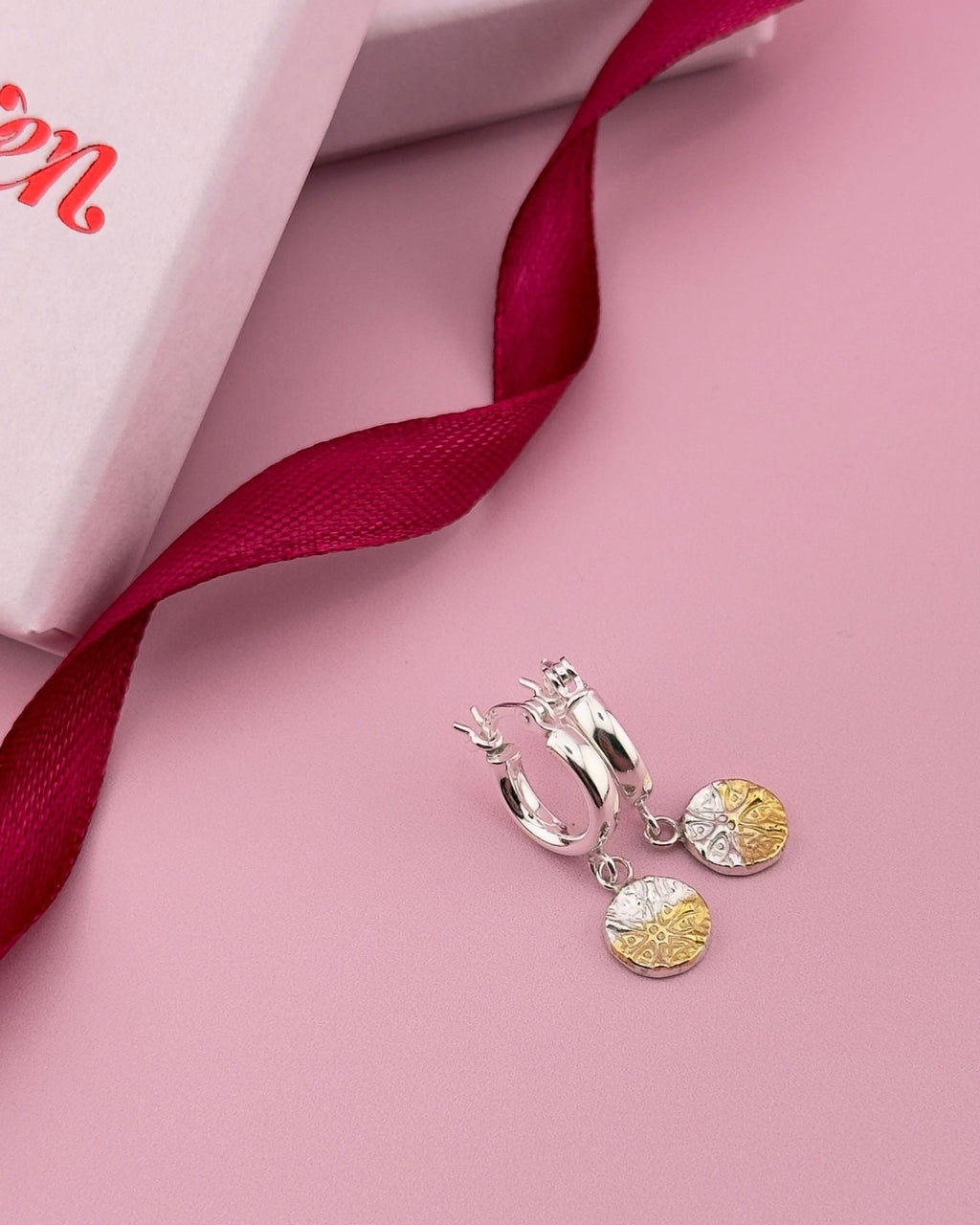 Mixed Metal Celtic Knot Huggie Hoop Earrings - Solid Fine Silver with 24k Gold - Arianwen Jewellery