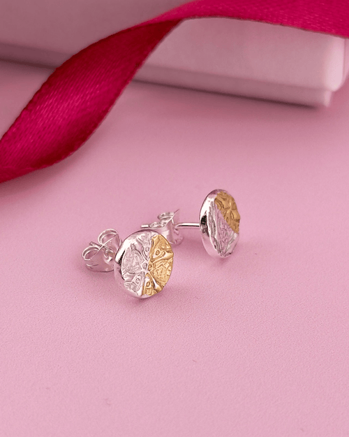 Mixed Metal Celtic Knot Stud Earrings - Solid Fine Silver with 24k Gold - Arianwen Jewellery