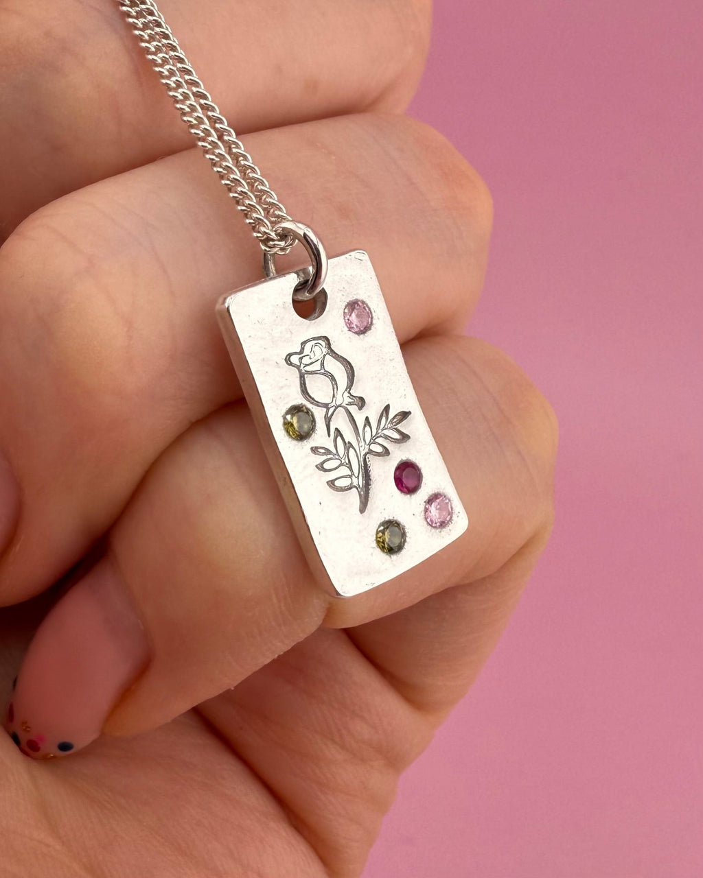 Personalised Birth Flower Necklace - Solid Fine Silver with Cubic Zirconia - Arianwen Jewellery