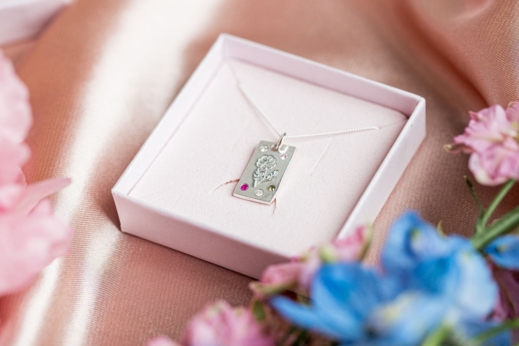 Personalised Birth Flower Necklace - Solid Fine Silver with Cubic Zirconia - Arianwen Jewellery