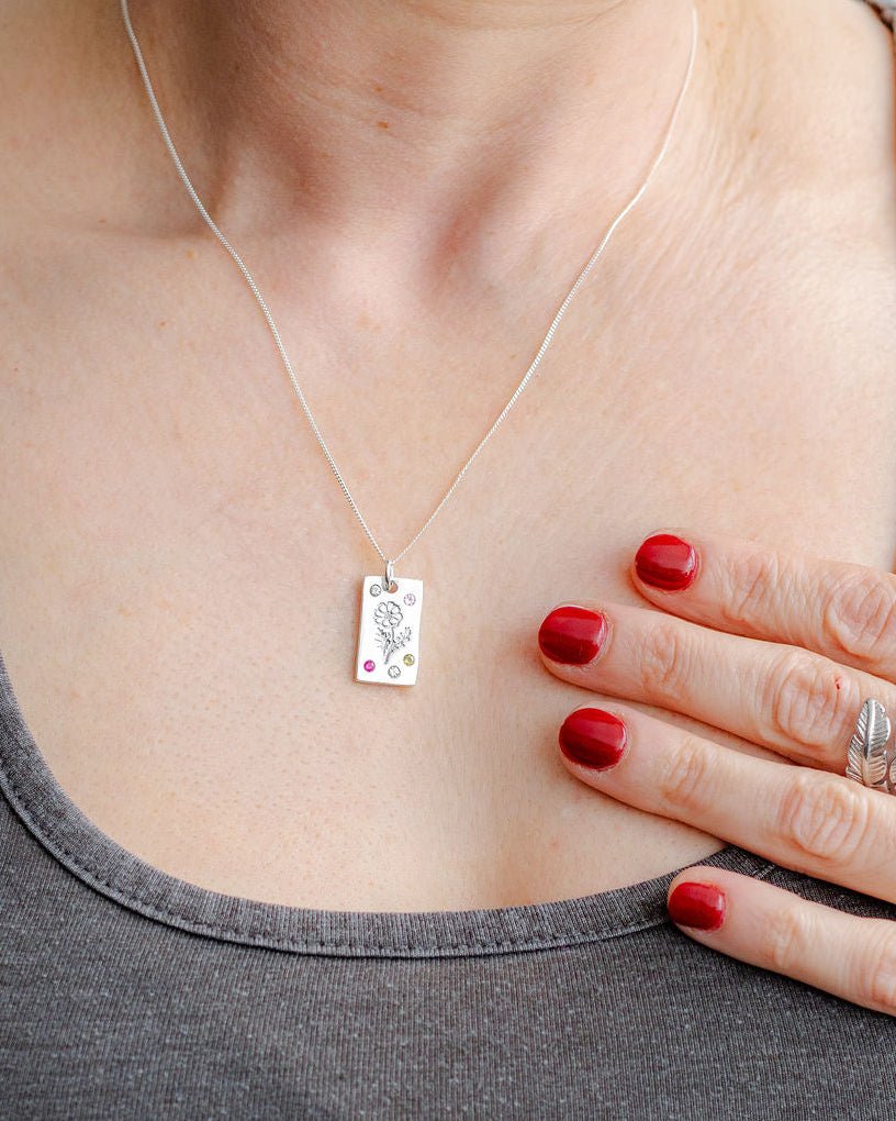 Personalised Birth Flower Necklace - Solid Fine Silver with Cubic Zirconia - Arianwen Jewellery