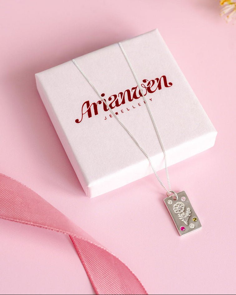 Personalised Birth Flower Necklace - Solid Fine Silver with Cubic Zirconia - Arianwen Jewellery