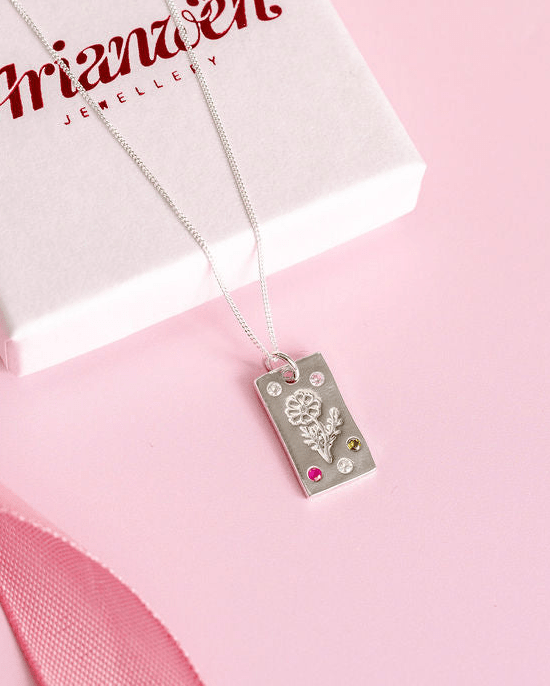 Personalised Birth Flower Necklace - Solid Fine Silver with Cubic Zirconia - Arianwen Jewellery