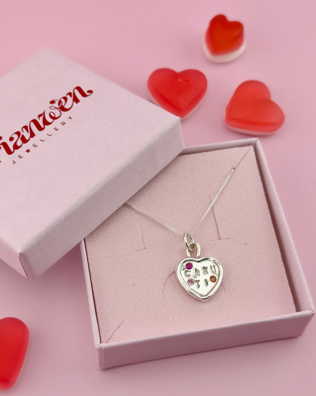 Personalised Caru Ti Sweetheart Necklace - Solid Fine Silver with Cubic Zirconia - Arianwen Jewellery