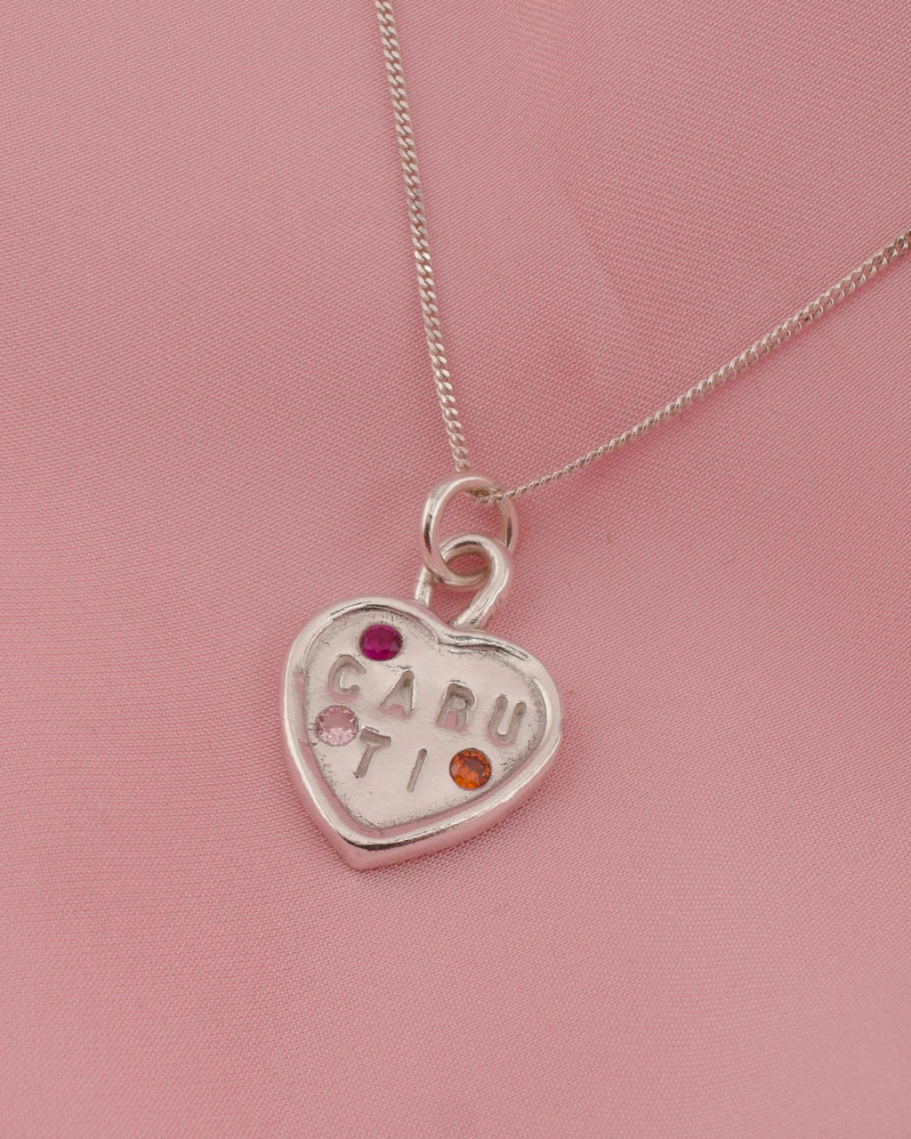 Personalised Caru Ti Sweetheart Necklace - Solid Fine Silver with Cubic Zirconia - Arianwen Jewellery