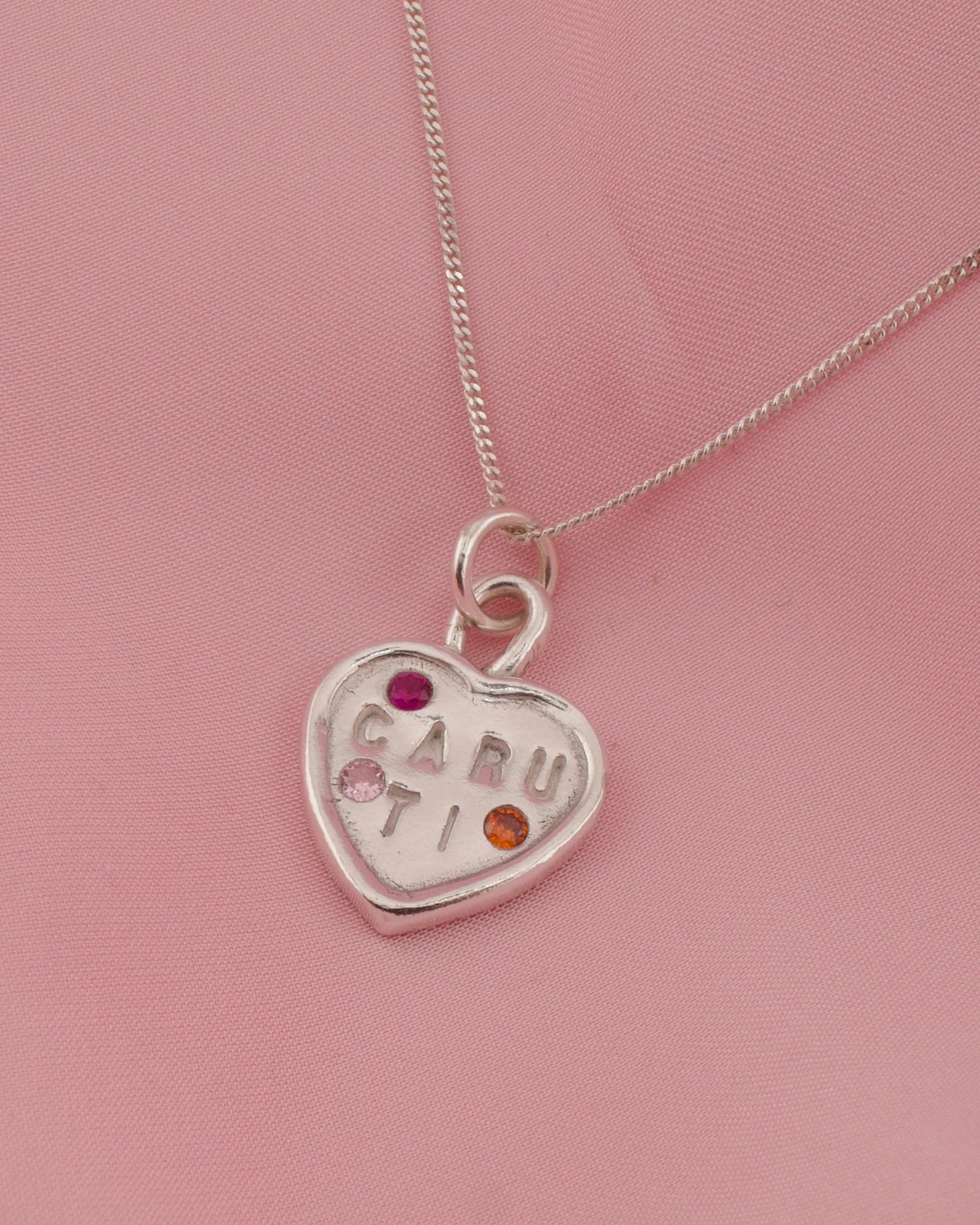 Personalised Caru Ti Sweetheart Necklace - Solid Fine Silver with Cubic Zirconia - Arianwen Jewellery