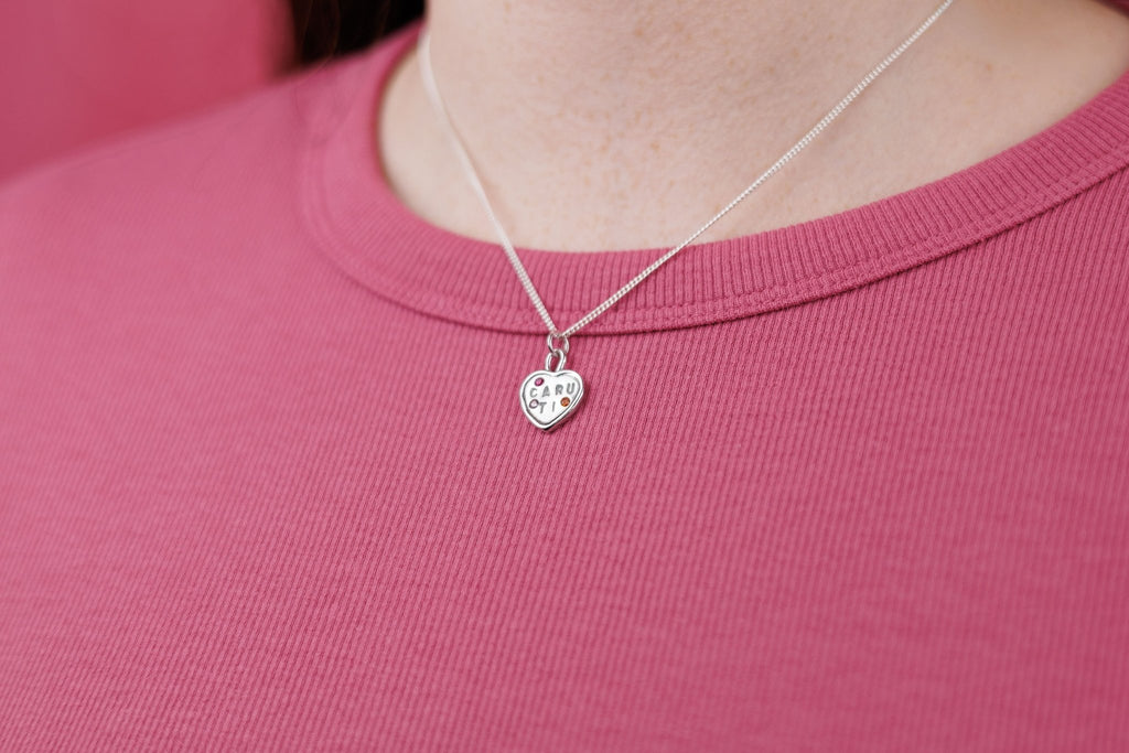 Personalised Caru Ti Sweetheart Necklace - Solid Fine Silver with Cubic Zirconia - Arianwen Jewellery