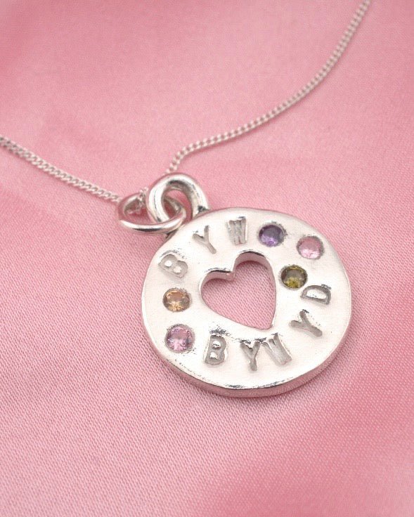 Personalised Heart Coin Necklace - Solid Fine Silver with Cubic Zirconia - Arianwen Jewellery