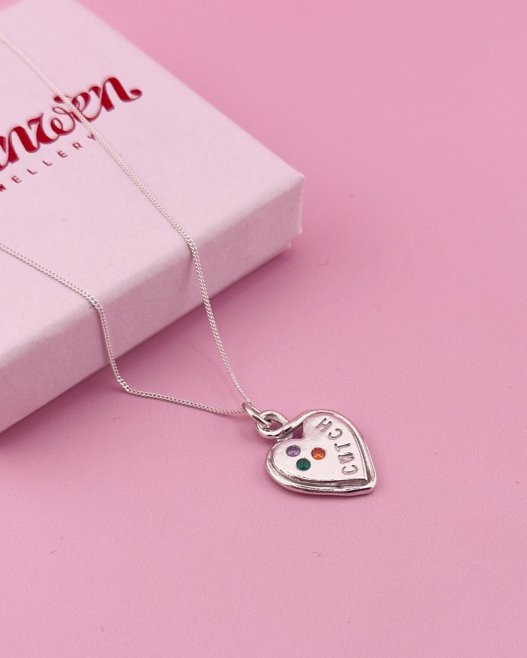Personalised Heart Loop Necklace - Solid Fine Silver With Cubic Zirconia - Arianwen Jewellery