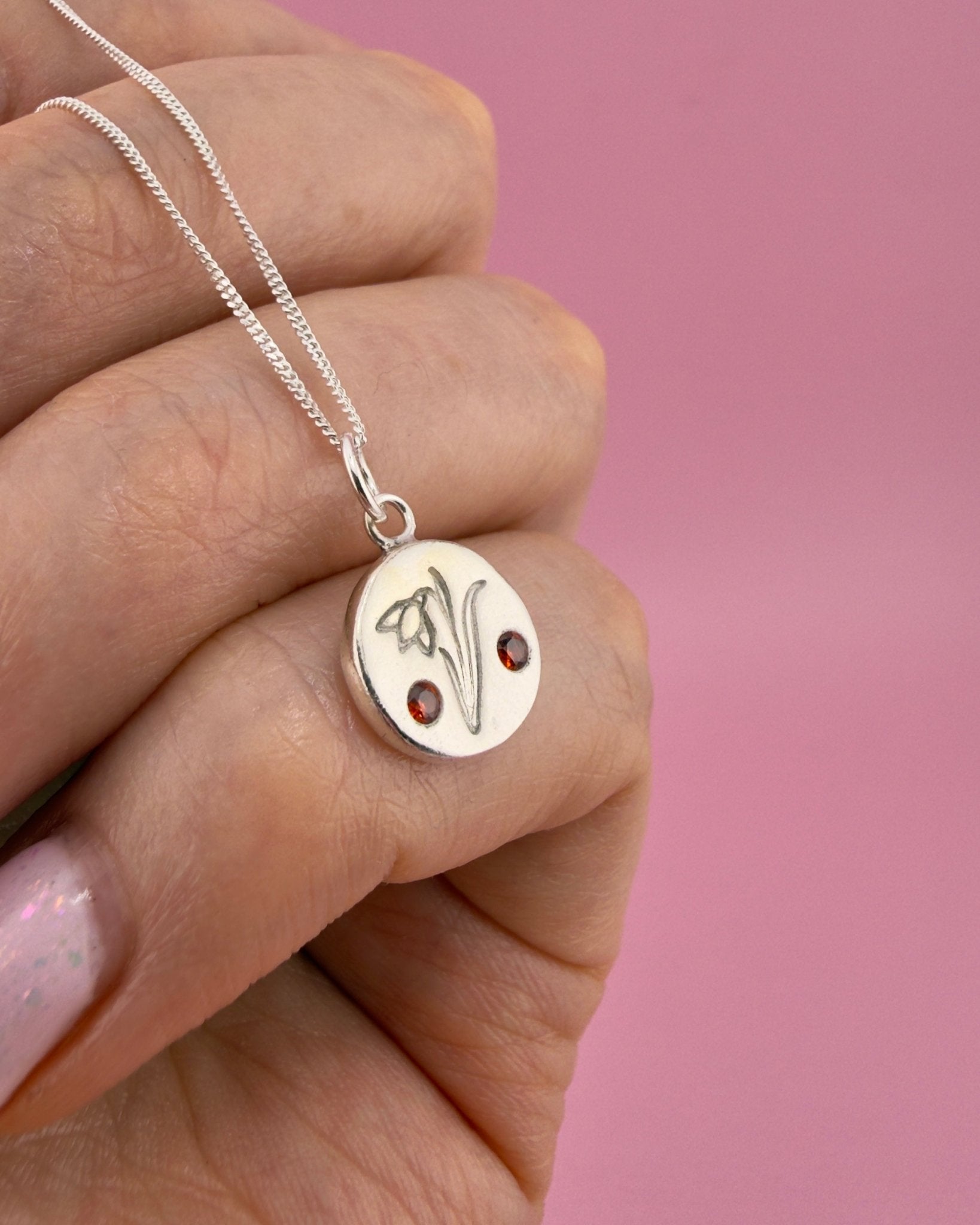 Personalised Mini Birth Flower Necklace - Solid Fine Silver - Arianwen Jewellery