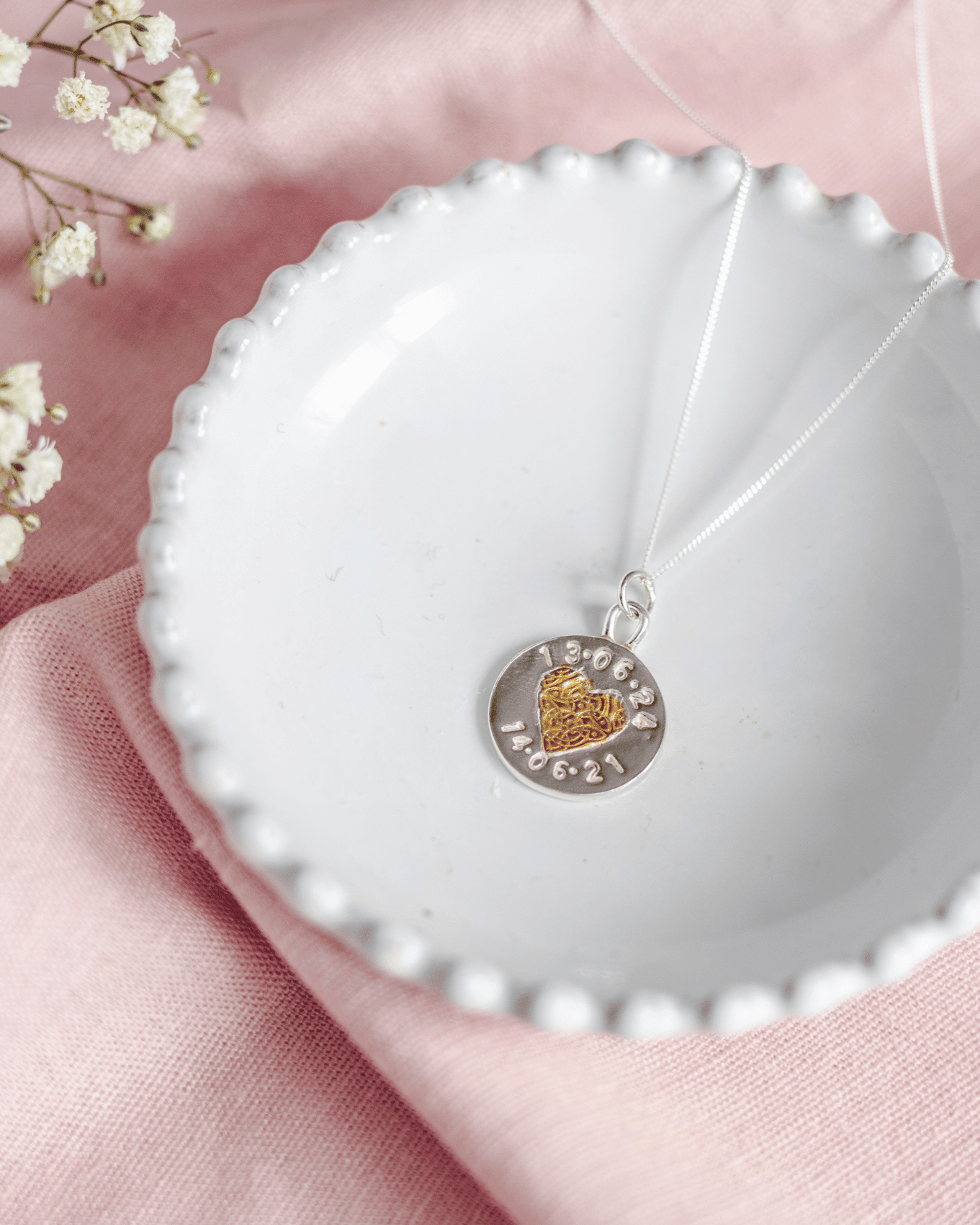 Personalised Welsh Celtic Heart Necklace - Solid Fine Silver with 24k Gold - Arianwen Jewellery