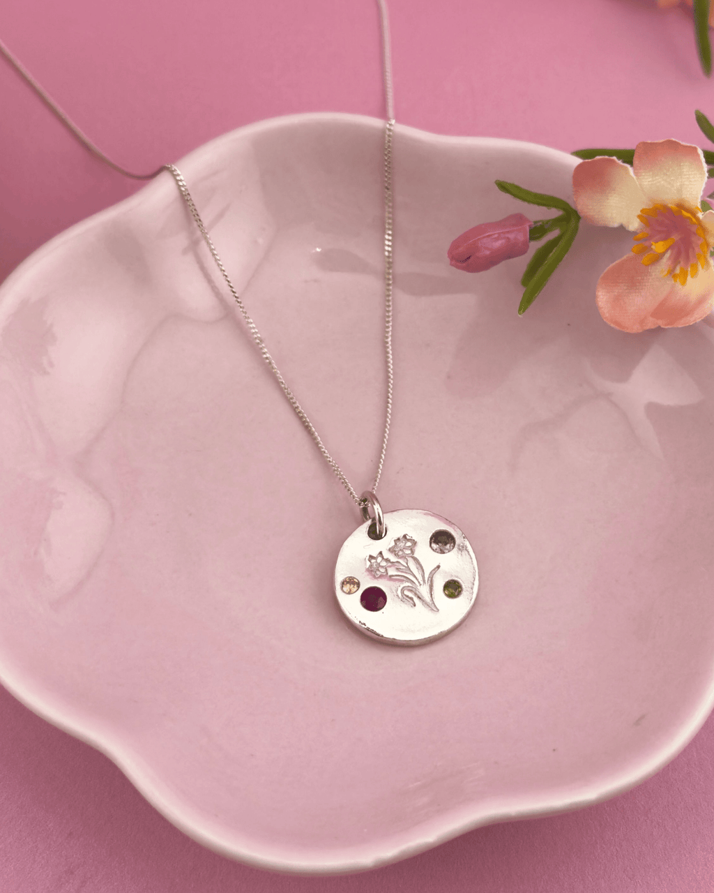 Personalised Welsh Daffodil Necklace - Solid Fine Silver With Cubic Zirconia - Arianwen Jewellery